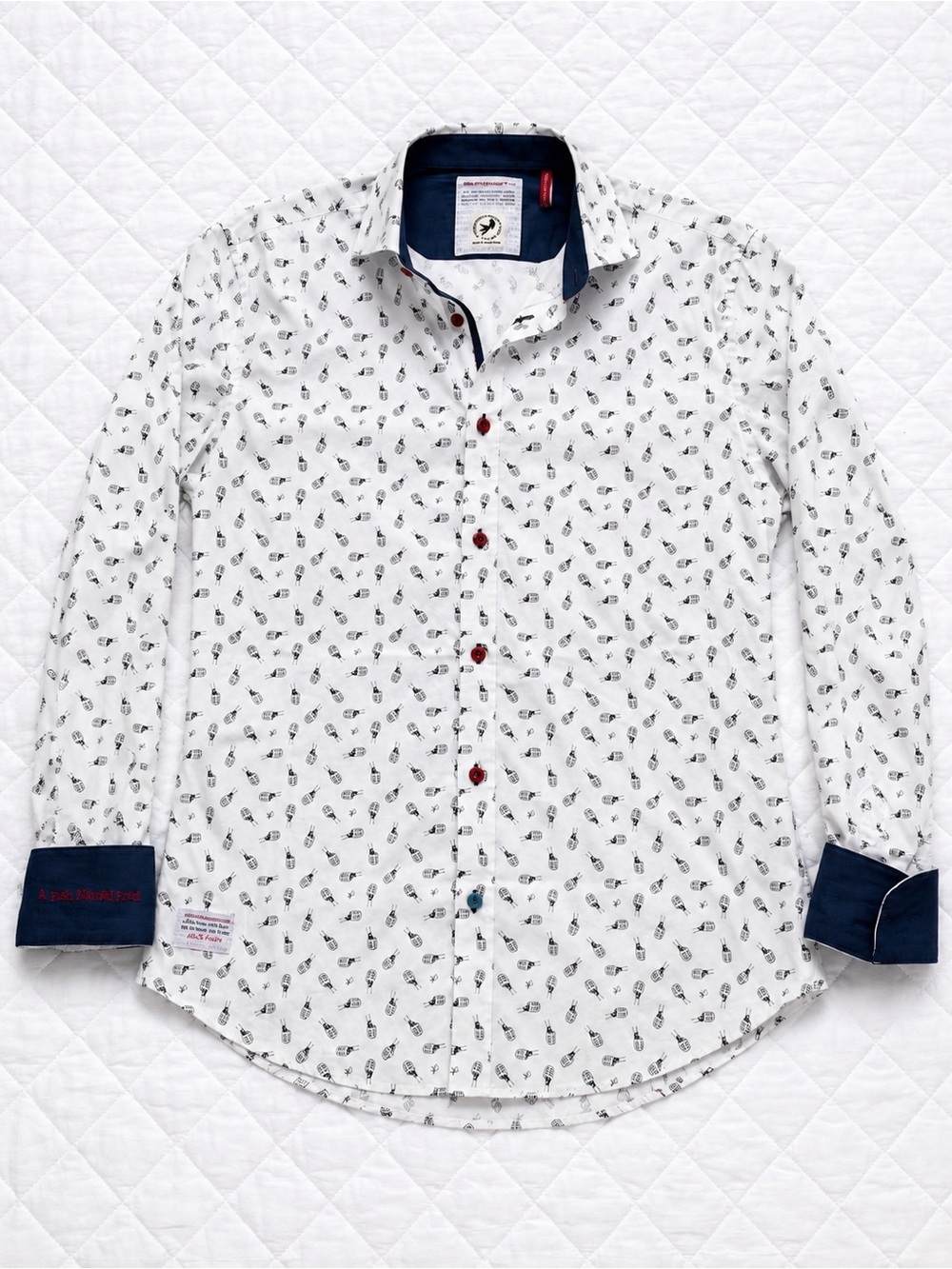 A Fish Named Fred Microphone Print Button Up Shirt Medium White Stretch Cotton​